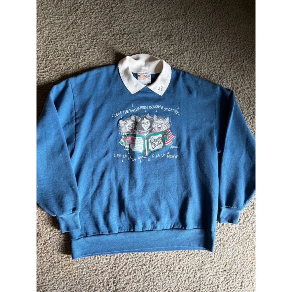 80s 90s VTG Kitty Cat Christmas Graphic Whimsical Sweater Sweat Shirt Grannycore